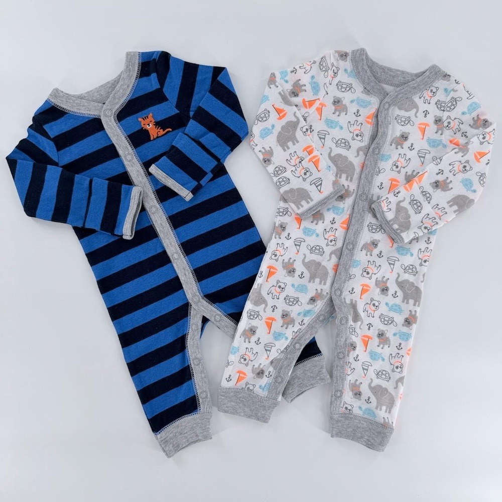 Newborn Pajamas Snap Rompers Set of 2 Carters Animals Unisex Stripes Mitten Cuff